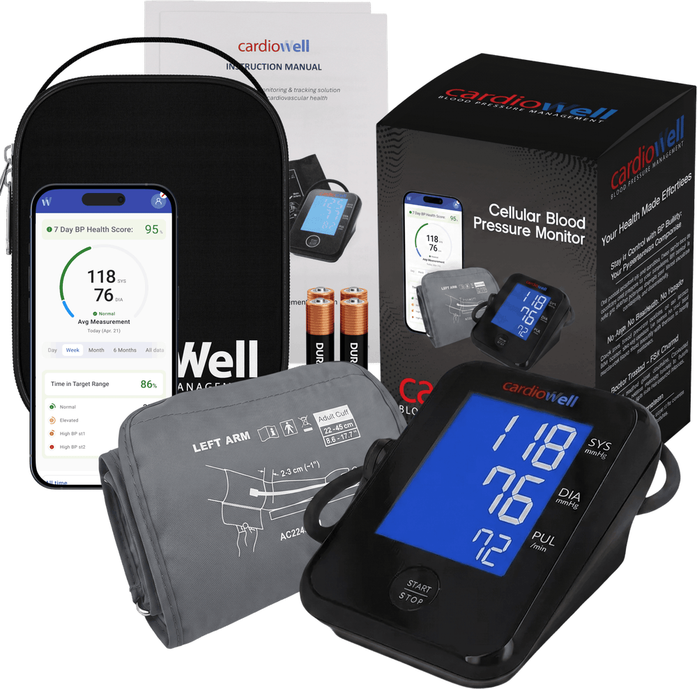 Cardiowell cellular blood pressure monitor with adult arm cuff, carrying case, batteries, instruction manual and retail box, shown next to the Cardiowell app displaying a 7-day BP health score, average reading of 118/76, and time in target range.